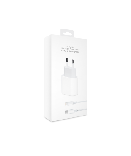 Мрежово зарядно устройство No brand, iPhone 11 Pro, 1xType-C PD, 5V/3.0A, + Кабел Type-C към Lightning , 1.0m, Бял - 14991