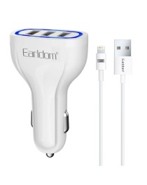 Зарядно устройство за кола Earldom ES-CC13, 3xUSB, QC3.0, С Lightning кабел, Бял - 40253