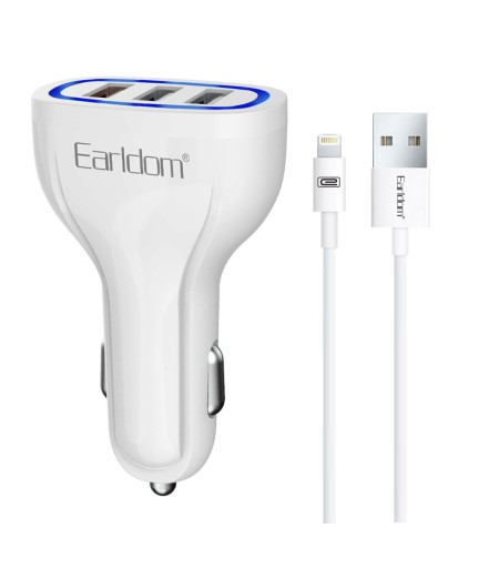 Зарядно устройство за кола Earldom ES-CC13, 3xUSB, QC3.0, С Lightning кабел, Бял - 40253