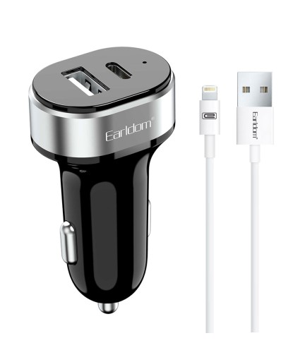 Зарядно устройство за кола Earldom ES-CC14, 1xUSB, 1xType-C, С Lightning кабел, Черен - 40242