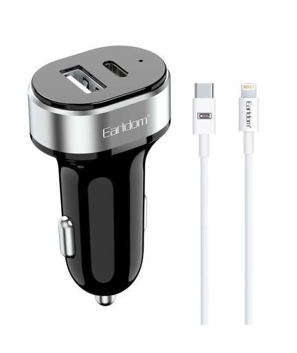 Зарядно устройство за кола Earldom ES-CC14, 1xUSB, 1xType-C, С PD Lightning кабел, Черен - 40245