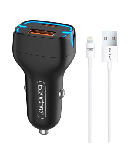 Зарядно устройство за кола Earldom ES-CC2, 1xUSB QC3.0, 1xType-C PD, С Lightning кабел, Различни цветове - 40248