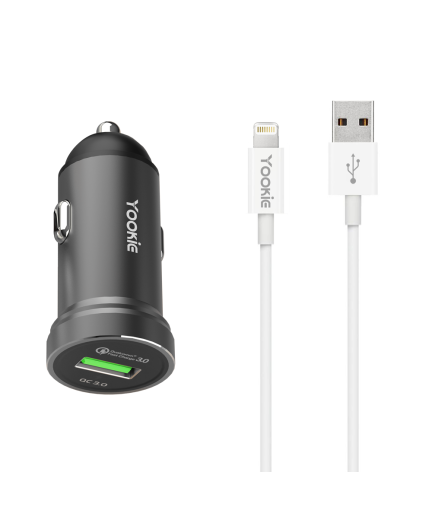 Зарядно устройство за кола Yookie PC2, Quick Charge 3.0, 1xUSB, С Lightning кабел, Различни цветове - 40138