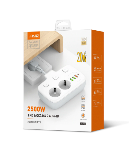 Разклонител LDNIO SE2435, 2 гнезда, CEE 7/3, 2500W, 1 x Type-C F, 3 x USB F, PD, QC, Бял - 40296