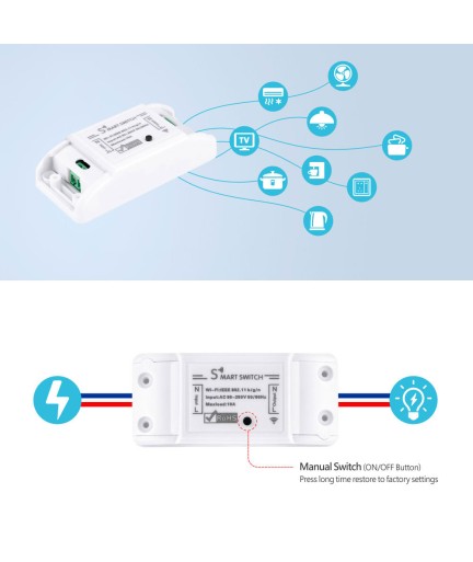 Смарт превключвател No brand PST-WF-S1, 1 канал, 220V, 10A, Wi-Fi, Tuya Smart, Бял - 91019