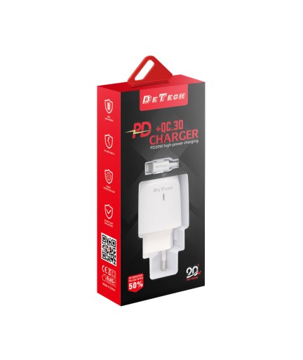 Мрежово зарядно устройство DeTech DE-31C, 20W, С Type-C кабел, 1 x Type-C F, 1 x USB F, PD, QC, Бял - 40321