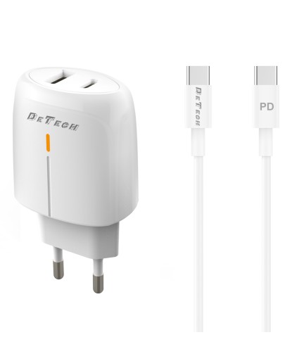 Мрежово зарядно устройство DeTech DE-31PDC, 20W, С PD Type-C кабел, 1 x Type-C F, 1 x USB F, PD, QC, Бял - 40322