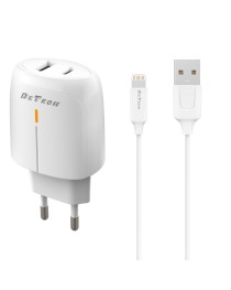 Мрежово зарядно устройство DeTech DE-31i, 20W, С Lightning кабел, 1 x Type-C F, 1 x USB F, PD, QC, Бял - 40320