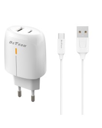 Мрежово зарядно устройство DeTech DE-31M, 20W, С Micro USB кабел, 1 x Type-C F, 1 x USB F, PD, QC, Бял - 40319