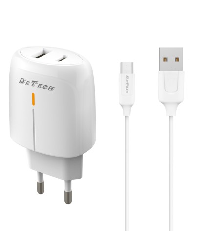 Мрежово зарядно устройство DeTech DE-31M, 20W, С Micro USB кабел, 1 x Type-C F, 1 x USB F, PD, QC, Бял - 40319