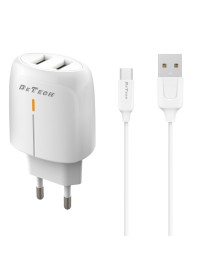 Мрежово зарядно устройство DeTech DE-32QCM, 18W, С Micro USB кабел, 2 x USB F, QC, Бял - 40325