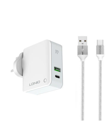Мрежово зарядно устройство LDNIO A4403C, 1xUSB, 1xType-C PD, С Micro USB кабел, Бял - 40091