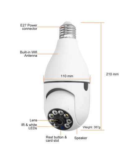 Смарт охранителна камера No brand PST-F1-3MP, 3.0Mp, PTZ, За фасунга E27, Wi-Fi, Tuya Smart, Бял - 91029