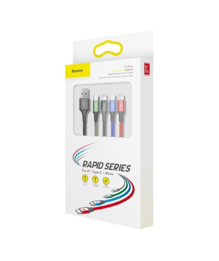 Кабел за зареждане Baseus Fast, 4 в 1, Micro USB, 2 x Lightning, Type-C, 1.2m, Черен - 40493