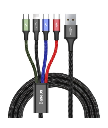 Кабел за зареждане Baseus Fast, 4 в 1, Micro USB, Lightning, 2 x Type-C, 1.2m, Черен - 40494