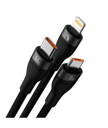 Кабел за зареждане Baseus Flash, 3 в 1, Micro USB, Lightning, Type-C, 66W, 1.2m, Черен - 40492