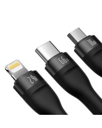 Кабел за зареждане Baseus Flash, 3 в 1, Micro USB, Lightning, Type-C, 66W, 1.2m, Черен - 40492