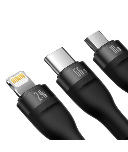 Кабел за зареждане Baseus Flash, 3 в 1, Micro USB, Lightning, Type-C, 66W, 1.2m, Черен - 40492