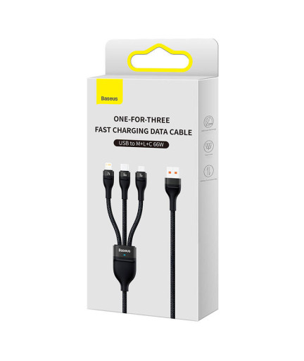 Кабел за зареждане Baseus Flash, 3 в 1, Micro USB, Lightning, Type-C, 66W, 1.2m, Черен - 40492