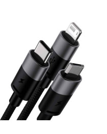 Кабел за зареждане Baseus StarSpeed, 3 в 1, Micro USB, Lightning, Type-C, 0.6m, Черен - 40439