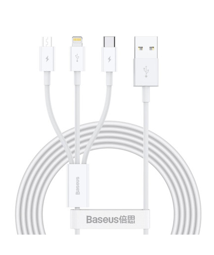 Кабел за зареждане Baseus Superior, 3 в 1, Micro USB, Lightning, Type-C, 1.0m, Бял - 40438