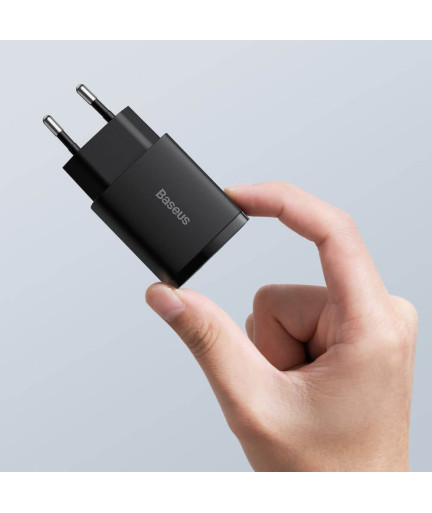 Мрежово зарядно устройство Baseus Compact, 20W, 1 x Type-C F, 1 x USB F, Черен - 40415