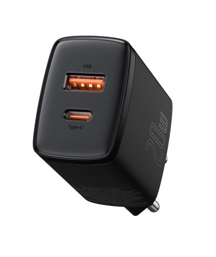 Мрежово зарядно устройство Baseus Cube Fast Charger OS, 20W, 1 x Type-C F, 1 x USB F, Черен - 40406