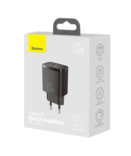 Мрежово зарядно устройство Baseus Cube Fast Charger OS, 20W, 1 x Type-C F, 1 x USB F, Черен - 40406