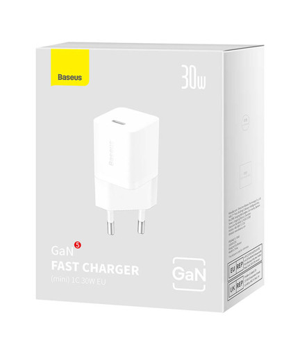 Мрежово зарядно устройство Baseus GaN5S Fast Charger 1C, 30W, 1 x Type-C F, Бял - 40409