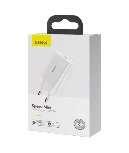 Мрежово зарядно устройство Baseus Speed Mini 1C, 20W, 1 x Type-C F, Бял - 40414