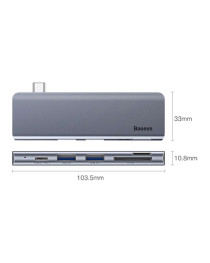 USB хъб Baseus Harmonica, 5 Порта, Type-C към 2xUSB 3.0, PD, TF, Micro SD, Сив - 12078