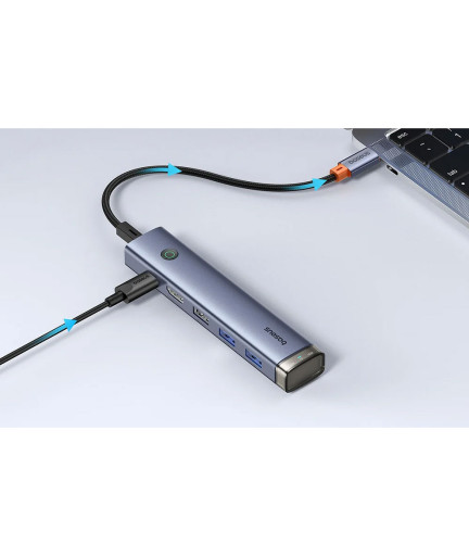 Докинг станция Baseus UltraJoy, 6 порта, Type-C към 2xUSB 3.0, USB 2.0, Type-C, PD, HDMI, RJ45, Сив - 12070