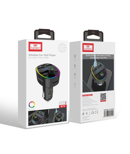 FM Трансмитер Earldom ET-M78, Bluetooth, Micro SD, USB, Type-C, QC, Черен - 17776