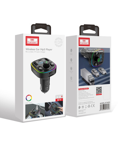 FM Трансмитер Earldom ET-M79, Bluetooth, Micro SD, USB, Type-C, QC, Черен - 17775