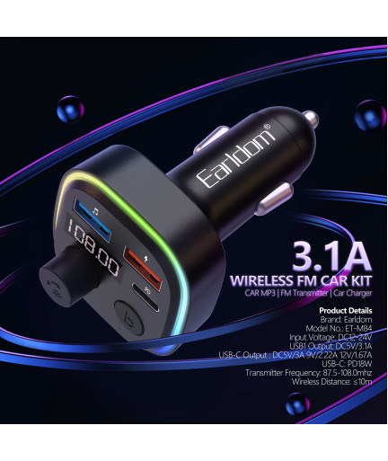 FM Трансмитер Earldom ET-M84, Bluetooth, USB, Type-C, PD, 3.1A, Черен - 17773