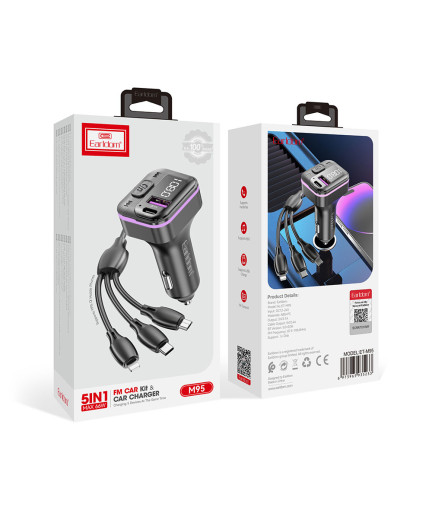 FM Трансмитер Earldom ET-M95, Bluetooth, USB, Type-C, 3.1A, С кабел 3 в 1, Черен - 17769