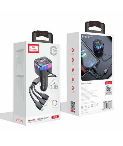 FM Трансмитер Earldom ET-M98, Bluetooth, USB, Type-C, 3.1A, С кабел 3 в 1, Черен - 17768