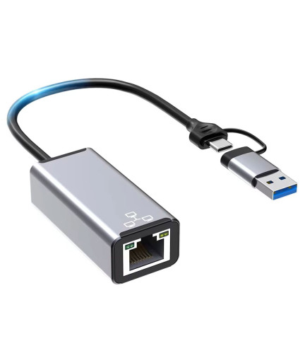 Мрежов адаптер DeTech USB-A/USB-C - RJ45, 1000Mbps, Сив - 17831
