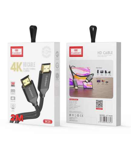 Кабел Earldom ET-W26 HDMI - HDMI, 5м., 4K, С оплетка, Черен - 18386
