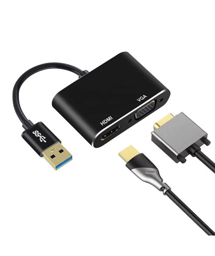 Преходник DeTech, USB 3.0 – HDMI+VGA, Сив - 17843