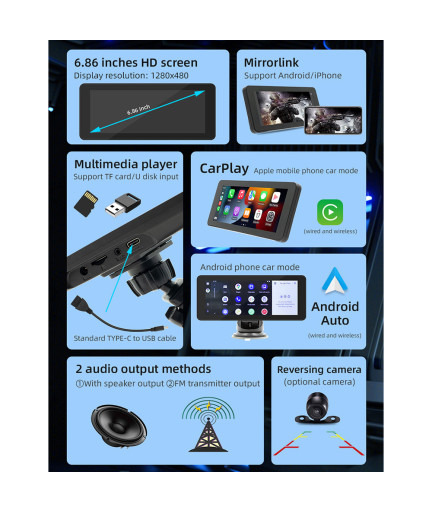 Преносим CarPlay / Android Auto дисплей No brand, X5368, 6.86", За автомобил - 13327