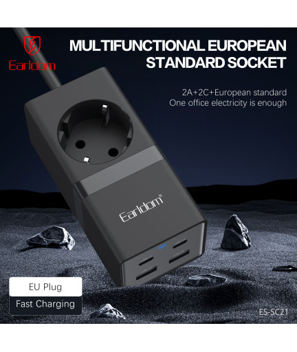 Удължител Earldom ES-SC21, 1 гнездо, CEE 7/3, 2 х USB F, 2 x USB-C, 1м., Черен - 40521