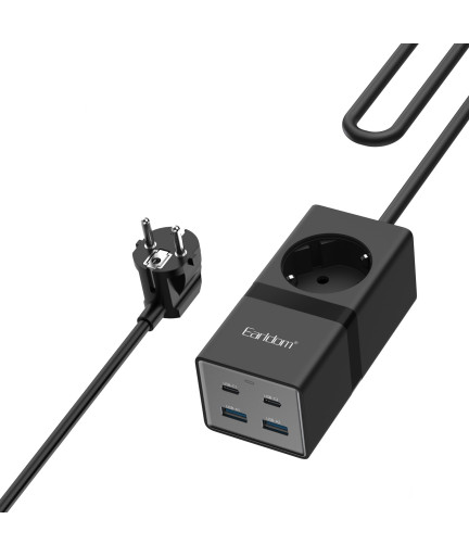 Удължител Earldom ES-SC21, 1 гнездо, CEE 7/3, 2 х USB F, 2 x USB-C, 1м., Черен - 40521