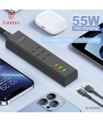 Удължител Earldom ES-SC24, 6 х USB-C, 3 x USB F, 1м., Черен - 40520