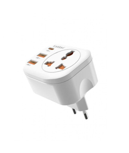 Универсален преходник - зарядно Earldom ES-SC16, 2xUSB, 1xType-C, EU/US/UK/AU към EU, 220V, Бял - 40525