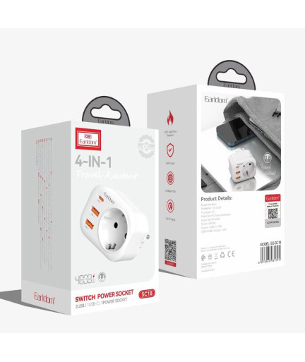 Универсален преходник - зарядно Earldom ES-SC16, 2xUSB, 1xType-C, EU/US/UK/AU към EU, 220V, Бял - 40525