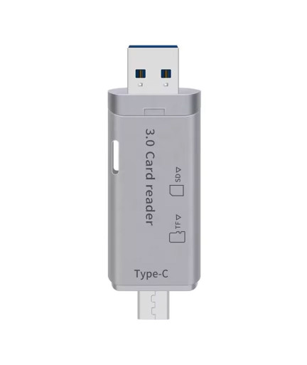 Четец за карти DeTech, USB Type-C - USB 3.0 OTG, SD, TF, сребрист - 17854