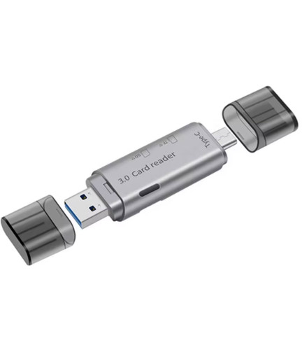 Четец за карти DeTech, USB Type-C - USB 3.0 OTG, SD, TF, сребрист - 17854