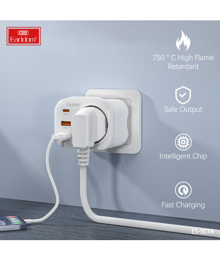 Универсален преходник - зарядно Earldom ES-SC18, 2xUSB, 1xType-C, Шуко, Бял - 40524