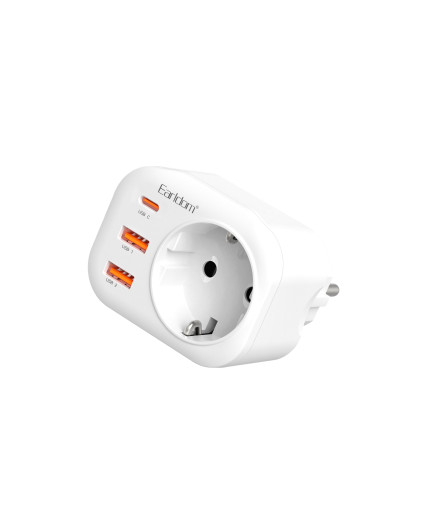 Универсален преходник - зарядно Earldom ES-SC18, 2xUSB, 1xType-C, Шуко, Бял - 40524